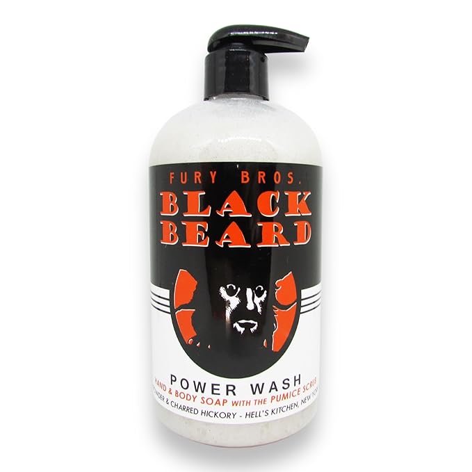 Premium Power Wash | Black Beard | Gunpowder & Charred Hickory | Hand & Body Wash | Exfoliating Pumice | Moisturizing Aloe Vera | Highly Scented | Made in USA | 16 oz | Dad Men Bath