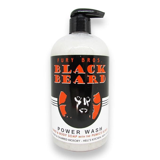 Premium Power Wash | Black Beard | Gunpowder & Charred Hickory | Hand & Body Wash | Exfoliating Pumice | Moisturizing Aloe Vera | Highly Scented | Made in USA | 16 oz | Dad Men Bath