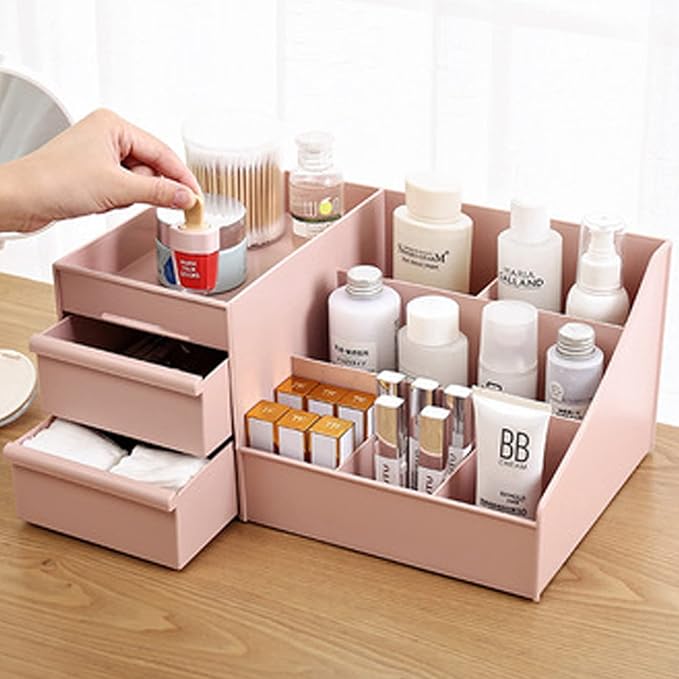 skin care organizer,Makeup Desk Organizer With Drawers,Countertop Organizer for Cosmetics,Vanity brush with Holder for Lipstick, Brushes, Eyeshadow, and Jewelry Desktop Finishing Dresser (Pink)