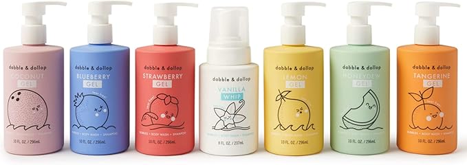 Dabble & Dollop Rainbow of Bubbles, Natural Bath, Body Wash, Shampoo & Conditioner for Kids, USA-Made, Paraben & Sulfate Free, Vegan, Gluten-Free, Tear-Free, (Set of 7)