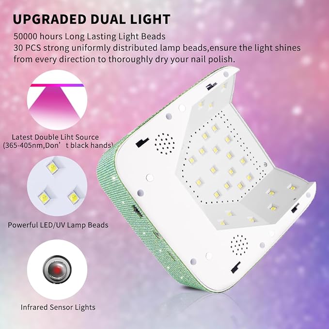 Cordless UV LED Nail Lamp,72W Rechargeable Nail Dryer Gel Polish Light with Large LCD Display,Rechargeable Nail Curing Lamp for Salon & Home (Pearl Green)