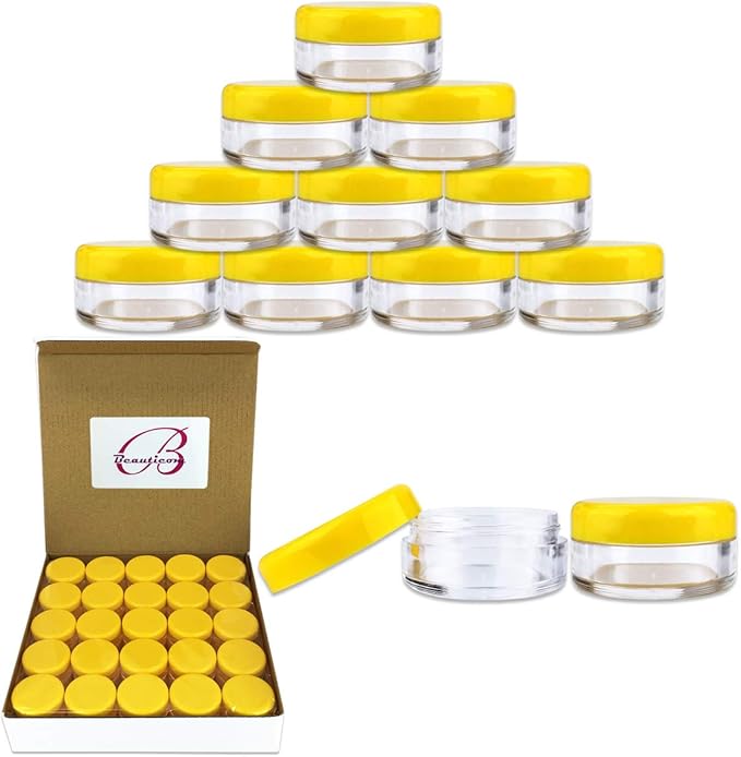 Beauticom (Quantity: 50 Pieces) 5G/5ML Round Clear Jars with Yellow Lids for Scrubs, Oils, Toner, Salves, Creams, Lotions, Makeup Samples, Lip Balms