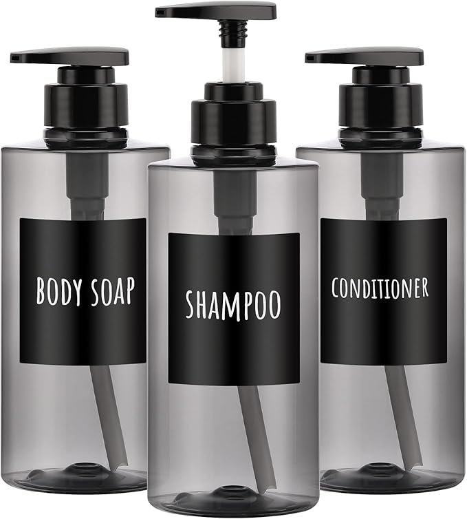 Segbeauty Shower Bottles Refillable, 3pcs 16.9oz/500ml Liquid Dispenser with Labels, Empty Plastic Lotion Pump Press Bottles for Shampoo, Conditioner, Body Soap, Hand Soap, Bathroom, Hotel - Gray