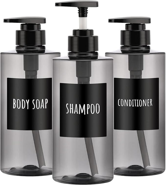 Segbeauty Shower Bottles Refillable, 3pcs 16.9oz/500ml Liquid Dispenser with Labels, Empty Plastic Lotion Pump Press Bottles for Shampoo, Conditioner, Body Soap, Hand Soap, Bathroom, Hotel - Gray