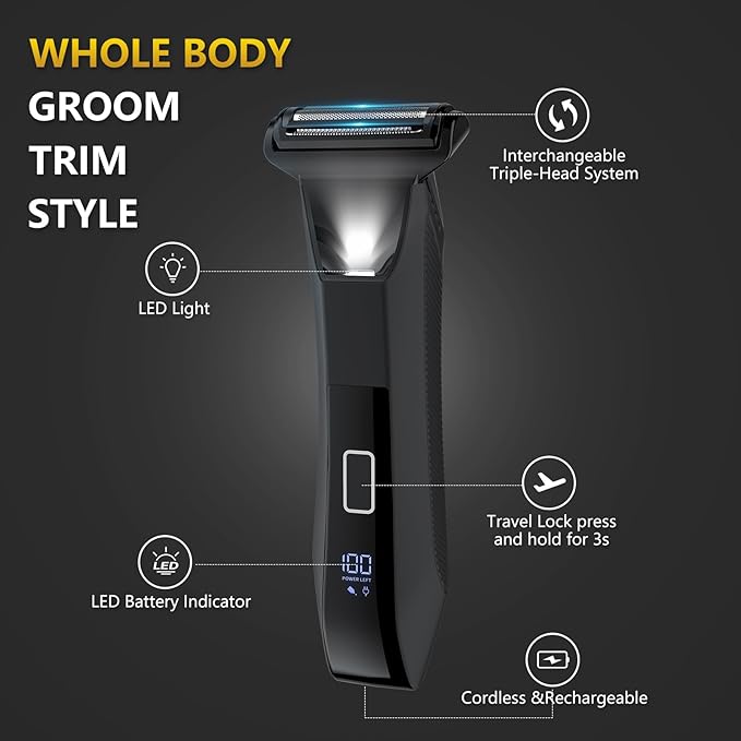 Manscape 3-in-1 Body Trimmer for Men, Groin, Pubic & Ball Hair Shaver No-Nick, Nose Hair Trimmer, Body Groomer for Smooth Shaving, Lightweight with Travel Lock, LED Display, IPX7 Waterproof