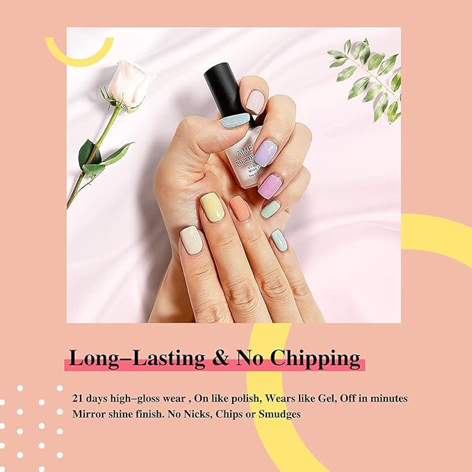 AIMEILI Summer Color Bright Pink Pastel Gel Nail Polish Color, Builder Base and No Wipe Top Coat Set
