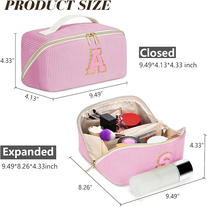 Gifts for Girls, Initial Travel Makeup Bag Women's Day Gift Make up Bag Cosmetic Bags Monther's Day Gifts, Personalized Stuff Bag Cute Makeup Bag Birthday Gifts for Women/Friend/Mother Pink - T
