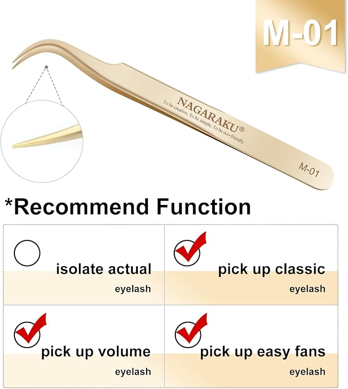 NAGARAKU Tweezers for Eyelash Extensions Straight and Curved Precision Professional Volume Easy Fanning lash Precise Point 1 Pair Tweezers for Lash(M-01 and M-02)