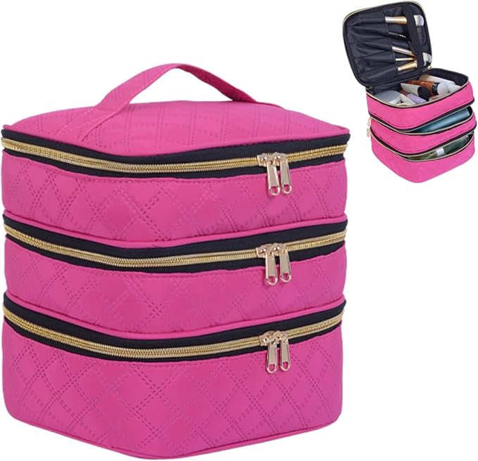 Three Layer Travel Makeup Bag Large Cosmetic Storage Organizer with Handle and Removable Divider (Wine)