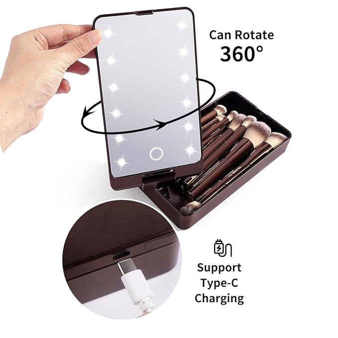 MAANGE 10 Pcs Makeup Brush Set Double-ended Kabuki Brush Travel Makeup Brushes for Foundation Powder Concealers Eye Shadows Makeup Tools Set with LED Light Mirror (Coffee Brown)