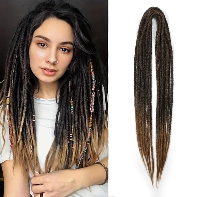 24 In Double Ended Dreadlock Extensions, Ombre Brown 10 Strands Thin 0.6cm Width Synthetic DE Dreads Extensions, 100% Handmade Dreads Hippie Style Dreadlocks for Woman