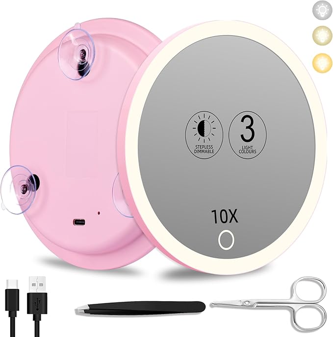 10x Lighted Magnifying Mirror with Suction Cups, Large 6'' Magnified Mirror with Light High Magnification Travel Makeup Mirror, Rechargeable Battery, 3 Colors Dimming Light, with Tweezers &Scissors