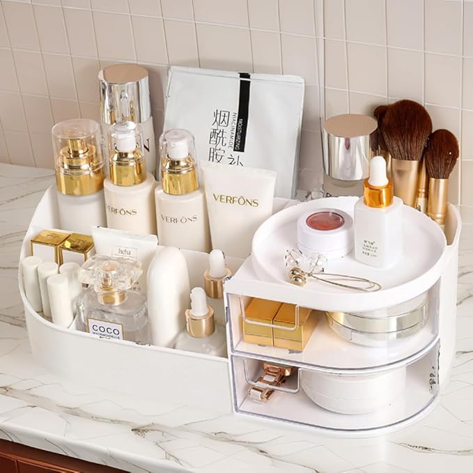 skin care organizer,Makeup Desk Organizer With Drawers,Countertop Organizer for Cosmetics,Vanity brush with Holder for Lipstick, Brushes, Eyeshadow, and Desktop Finishing Dresser (D-White)