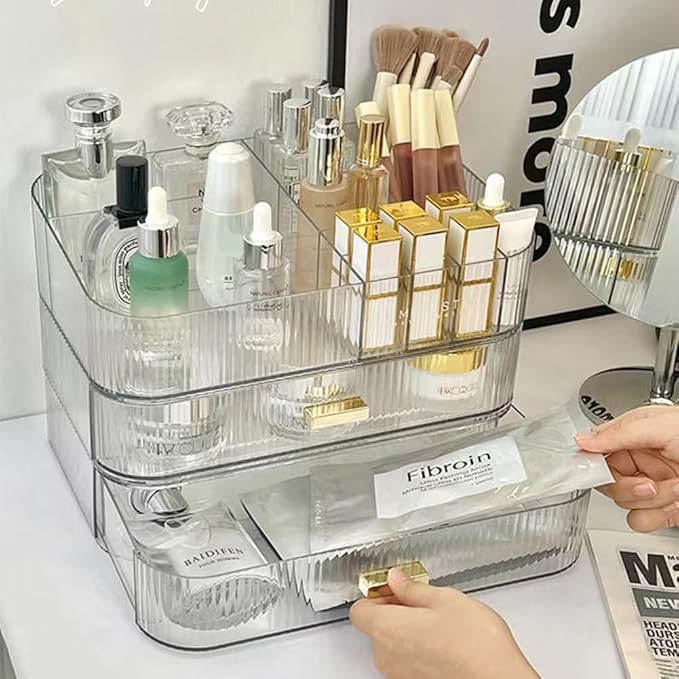 MIUOPUR Stackable Makeup Organizer Drawers, Bathroom Vanity Organizers and Storage, Ideal for Desk and Dresser Countertops, Great for Cosmetics, skincare, Lipsticks, Nail Care -Clear