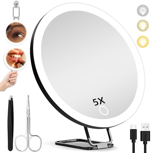 5X Makeup Magnifying Mirror with Lights, 6'' Magnifying Mirror with 3 Color Lights Dimmable Makeup Mirror with 5X Magnification, Lighted Travel Magnifying Mirror with Suction Cups and Adjustable Stand
