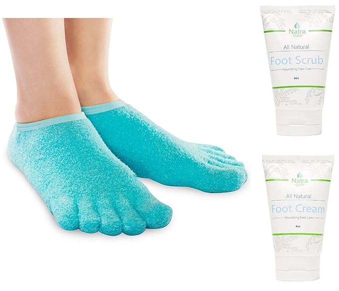 NatraCure Moisturizing Socks Bundle - 5-Toe Gel Socks, Foot Cream & Scrub for Dry, Rough Skin - Medium Size