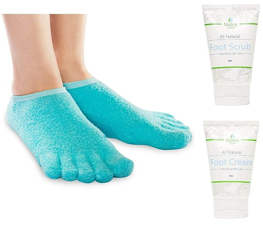 NatraCure Moisturizing Socks Bundle - 5-Toe Gel Socks, Foot Cream & Scrub for Dry, Rough Skin - Medium Size