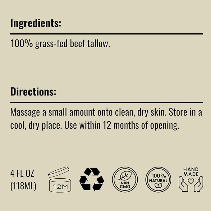 Pure Whipped Tallow Balm (Unscented) | 1 Ingredient | Handmade in USA | 100% Organic Grass-Fed Beef Tallow for Skin | Face Moisturizer for Dry Skin, Fragrance-Free, No Essential Oils