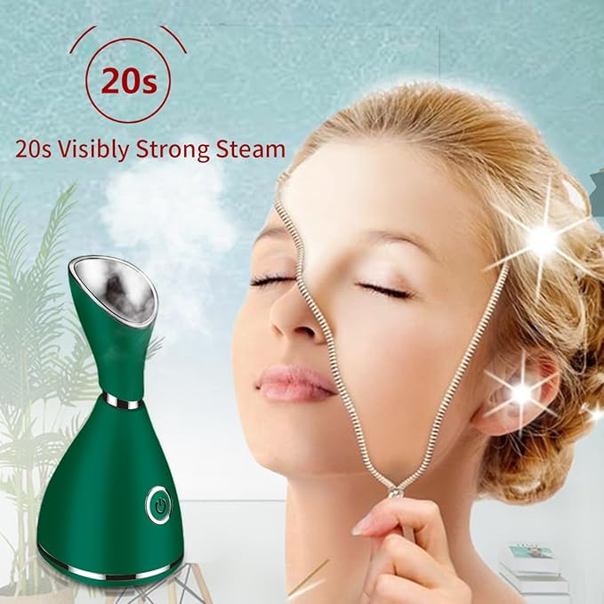Facial Steamer-Nano Ionic Facial Steamer Warm Mist Humidifier Atomizer Sprayer Moisturizing Face Steamer Home Sauna SPA Face with 4 Piece Stainless Steel Skin Kit and Hair Band(Green)