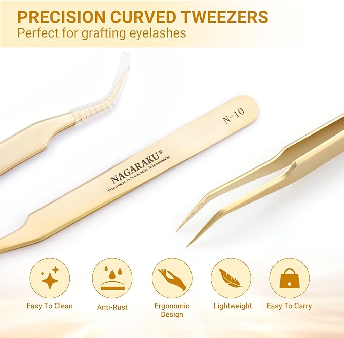 NAGARAKU Tweezers for Eyelash Extensions Curved Lash Tweezers for Volume Lashes Precision Pinzas Professional Easy Fanning Stainless Steel Precise Pointy Make Fans for Lashes Fanning(N-10)
