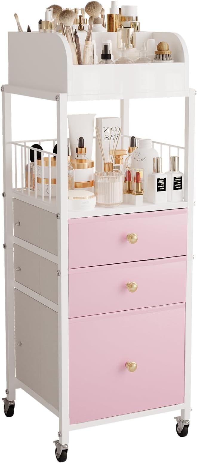 Makeup Organizer Cart with Drawers, Make up Organizers for Vanity, Floor Skincare Organizers- for Cosmetics, Nail Polish, Art Supply, Bathroom Vanity Desktop Organizer (White)