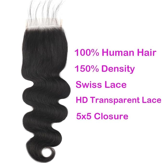 5x5 Transparent HD Lace Closure Body Wave Human Hair Lace Closure Invisible 12A Brazilian Virgin Human Hair Closure Free Part 5x5 100% Real Closure Pre Plucked Natural Black 22 Inch