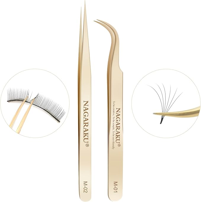 NAGARAKU Tweezers for Eyelash Extensions Straight and Curved Precision Professional Volume Easy Fanning lash Precise Point 1 Pair Tweezers for Lash(M-01 and M-02)
