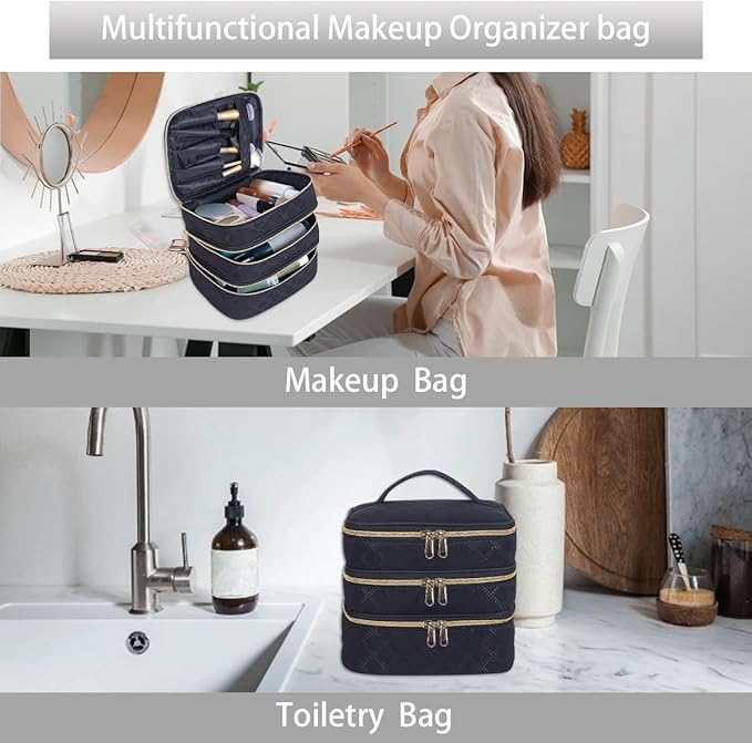 Large Makeup Bag 3 Layers with Handle Travel Makeup Bag Organizer Toiletry Accessories Bottles, Brushes, and Skin Care Products (Blakc)