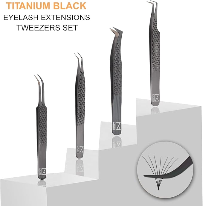 M LASH Tweezers for Eyelash Extensions (Set of 4) - Professional Lash Extension Tweezers - Japanese Steel, Diamond Grip