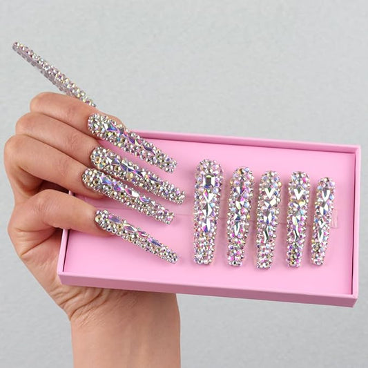 3D Extra Long Tips Acrylic Eternal Stunning Handmade with Full Covered Crystals Press On Nails,Salon False Nails with Design Nail Art Gifts for Women and Girls,Reusable Stick On Nails 10Pc,Size L
