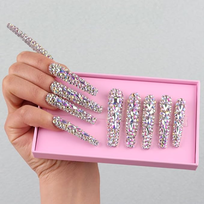 3D Extra Long Tips Acrylic Eternal Stunning Handmade with Full Covered Crystals Press On Nails,Salon False Nails with Design Nail Art Gifts for Women and Girls,Reusable Stick On Nails 10Pc,Size M