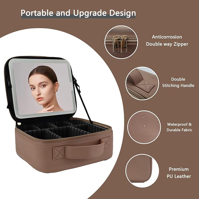 Travel Makeup Bag with LED Lighted Mirror,Cosmetics Organizer, Makeup Bag with 3 Color Lighted Setting, Portable Storage and Adjustable Dividers Travel Makeup Bag(Mocha)