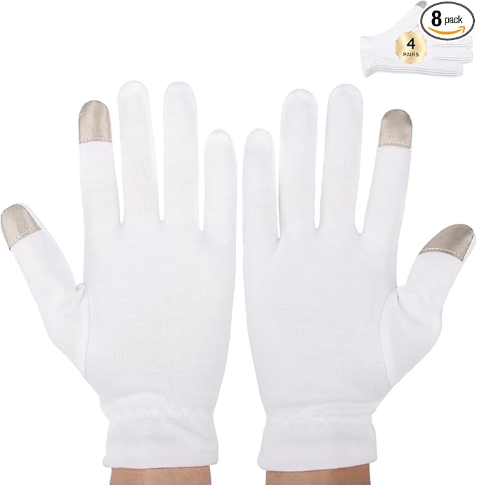 Segbeauty White Cotton Gloves with Touchscreen Fingers, 8pcs Hand Moisturizing Gloves with Elastic Band, 4 Pair Soft Cotton Sleeping Gloves for Dry Hand Overnight, White Gloves for Art Handling Medium