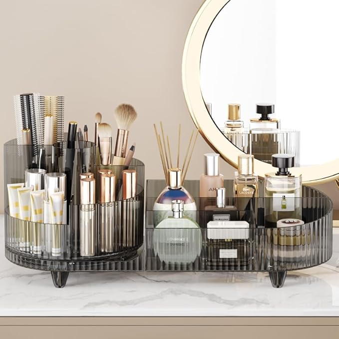 Rotating makeup organizer,Large Capacity Cosmetic Display Case, easy to hold all of your makeup products, at least 20 makeup brushes/eyeliner,10 lipsticks,8 skincare products(Crystal Black)