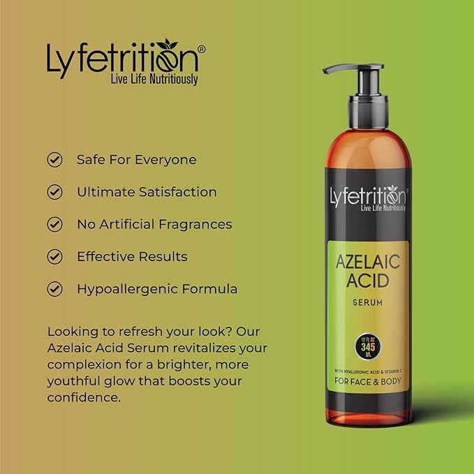 Lyfetrition Azelaic Acid Serum with Hyaluronic Acid | Natural Face Serum with Vitamin C & Aloe Vera (12 Fl Oz), Clear, (Lyfe9080)