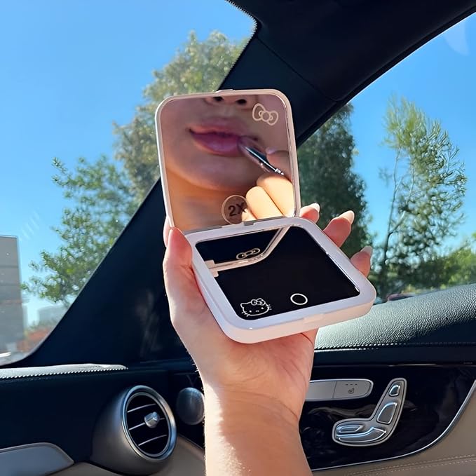 Impressions Vanity Hello Kitty Supercute Compact Mirror with Touch Sensor Switch for Adjustable Brightness, Lighted Makeup Mirror with LED Lights and 2X Magnifying Mirror Top (White)