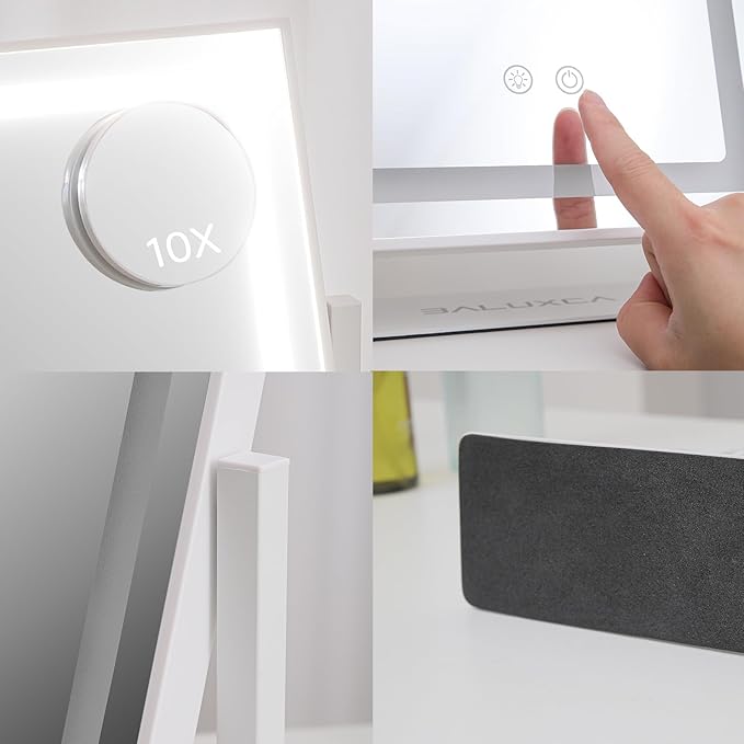 Lighted Makeup Mirror，Hollywood Vanity Mirror with Lights，Touch Control，3 Colors Dimable，Brightness Adjustable，Detachable 10x Magnification，for Vanity Desk Tabletop，Bedroom，360°Rotation，Gift for Women