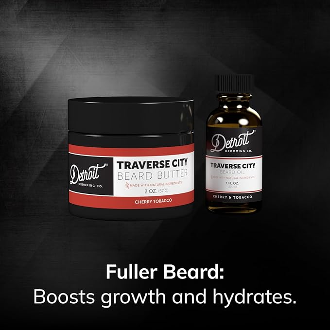 Detroit Grooming Co. Beard Oil & Beard Butter Bundle – Traverse City (Cherry & Tobacco Scent) – Beard Hydration Set with Vitamin E & Sunflower Oil