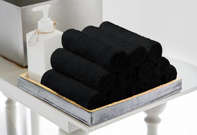 Avalon Towels Cotton Washcloths – (Pack of 60) Size 12x12 Inches, 100% Ring Spun Cotton, Soft & Absorbent Face Towels, Gym Towels, Hotel and Spa Quality, Reusable Fingertip Towels (Black)