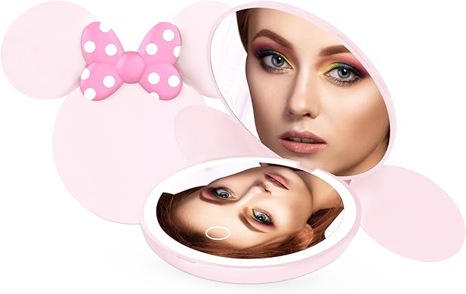 Impressions Vanity Minnie Mouse Shape LED Compact Mirror for Purse, Double Sided Travel Lighted Makeup Mirror with 2X Magnification, Soft Touch Sensor, Adjustable Brightness, and Pink Polka Dot Bow
