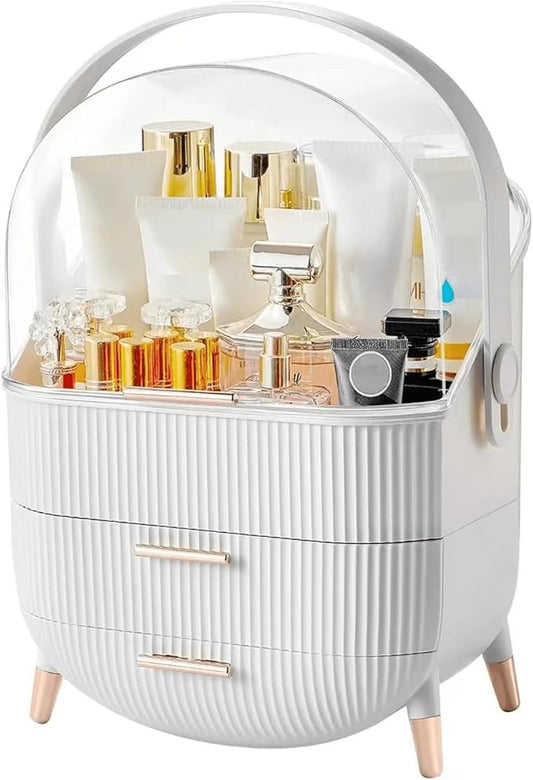 Makeup Organizer with Transparent Lid & 2 Drawers – Large Capacity Cosmetic Skincare Storage Box for Bathroom Vanity, Countertop, Bedroom – Portable and Dustproof, White (11"x7"x14")