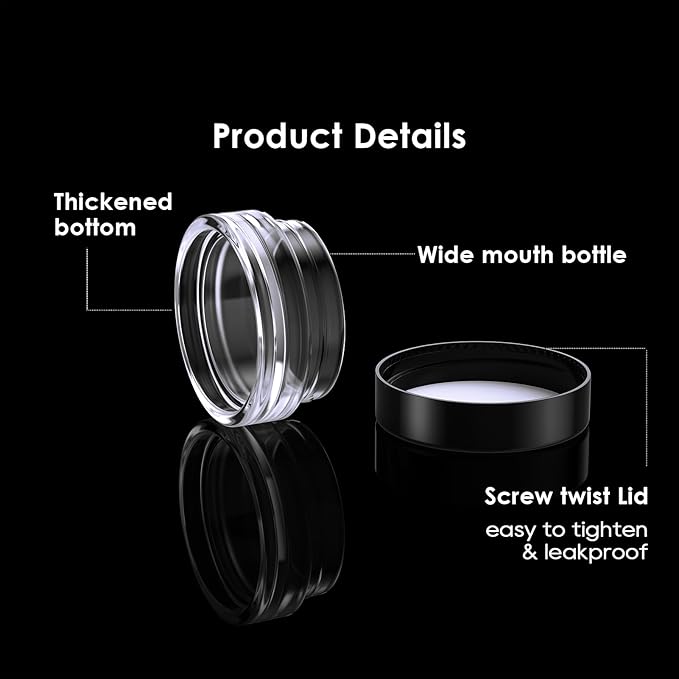 50 Pack 3 Gram Sample Containers with Lids, Small Plastic Cosmetic Jars, Makeup Travel Container Jar for Cream, Bead, Eye Shadow, Jewelry, Lotions, Powders, Glitters Lip Gloss with Labels,Spatulas