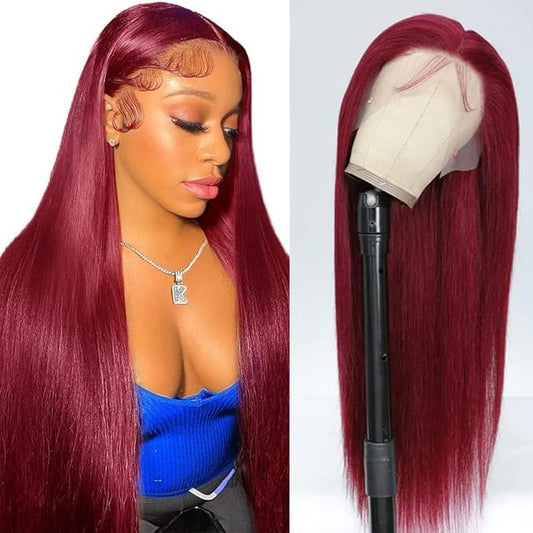 99j Burgundy Lace Front Wigs Human Hair Pre Plucked 180% Density 13x4 Straight hd Lace Frontal Wig with Baby Hair Human Hair Wigs for Women Red Wig 26inch