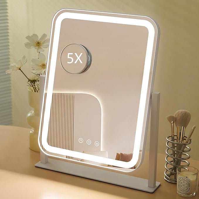 HIEEY Vanity Mirror with Lights, Makeup Mirror with Lights, Three Color Lighting Modes, and 5X Magnification Mirror, Smart Touch Control, 360°Rotation (17.3" x 13" White,Gift Box)