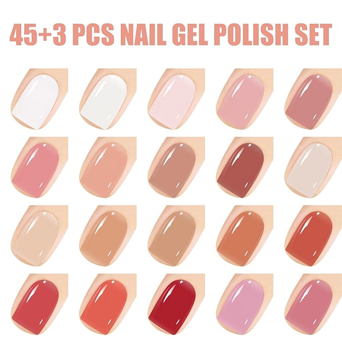 Vishine 48 PCS Gel Polish Set, 45 Colors Jelly Gel Nail Polish Set, Brown Jelly Gel Polish Set, Translucent Gel Nail Polish,Sheer Crystal Jelly Clear Gel Nail Polish Manicure Gift