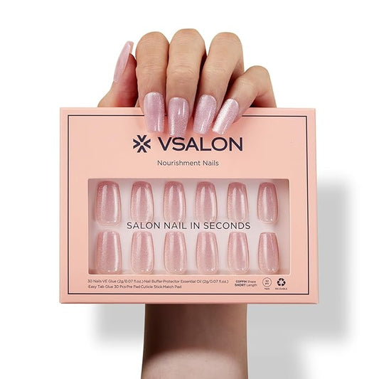 VSALON Short Coffin Press-On Nails - Pink Cat Eye Glue on Nails, Reusable Fake Nails with Nail Glue, Protector Cuticle Oil, Adhesive Tabs & Mini Nail File - 32 PCS in 16 Sizes (Pink Fantasy)