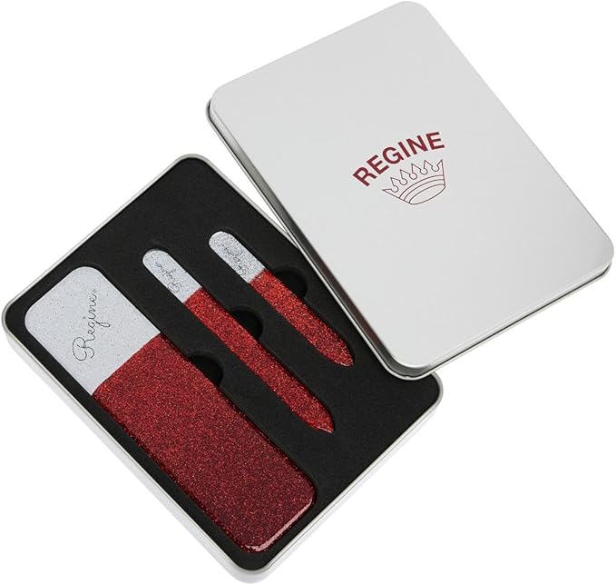 3pc Nano File Set: Professional Heavy Duty Glass Nail Files with Case Kit - Reusable Crystal Fingernail Manicure and Pedicure Tools for Men, Women, and Adults (Red Shimmer)