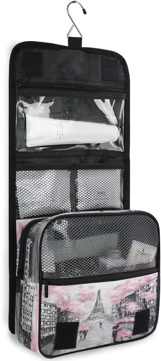 Hanging Toiletry Bag Eiffel Tower Paris Lovers Street Portable Travel Cosmetic Makeup Bag Bathroom Shower Shaving Kit Organizer Bag for Men Women