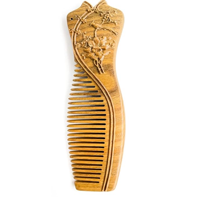 Handmade Carved Green Sandalwood Hair Comb, Fine Tooth Wooden Comb，Anti-Static No Snag Wood Combs for Women Kids,Oriental Gift for women with gift box (Cheongsam)