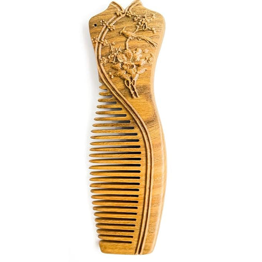 Handmade Carved Green Sandalwood Hair Comb, Fine Tooth Wooden Comb，Anti-Static No Snag Wood Combs for Women Kids,Oriental Gift for women with gift box (Cheongsam)